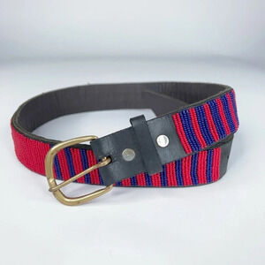 Angama Beaded Waist Belt Red Blue Maasai Kenya Black Leather Small